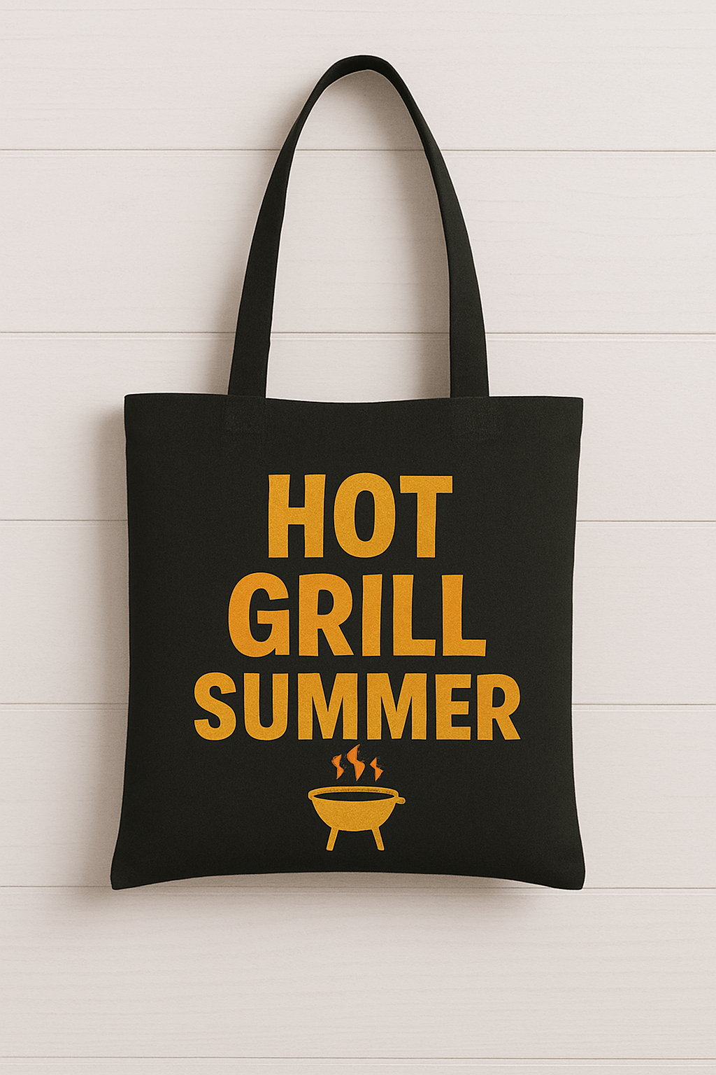 “HOT GRILL SUMMER” Black Cotton Tote Bag – Reusable, Bold & BBQ-Ready Carry-All